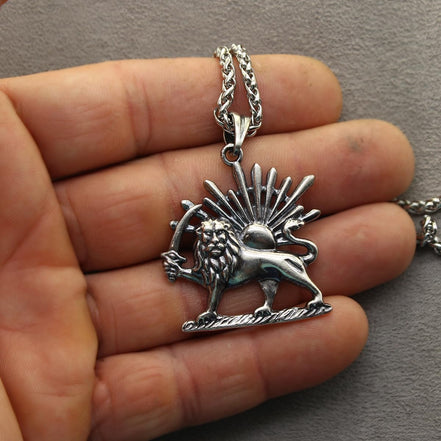Sterling Silver Lion Sun Shir Khorshid Persian Pahlavi Necklace Pendant Chain