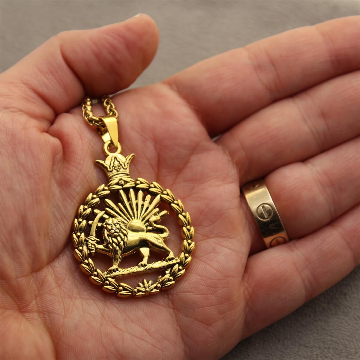 Double Sided Lion and Sun Persian Shir khorshid Pahlavi Necklace Chain