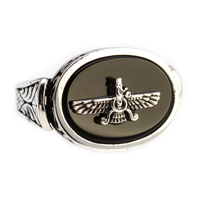 Handcrafted Sterling Silver Farvahar Faravahar Onyx Persian Zoroastrian Ring Size 8.5