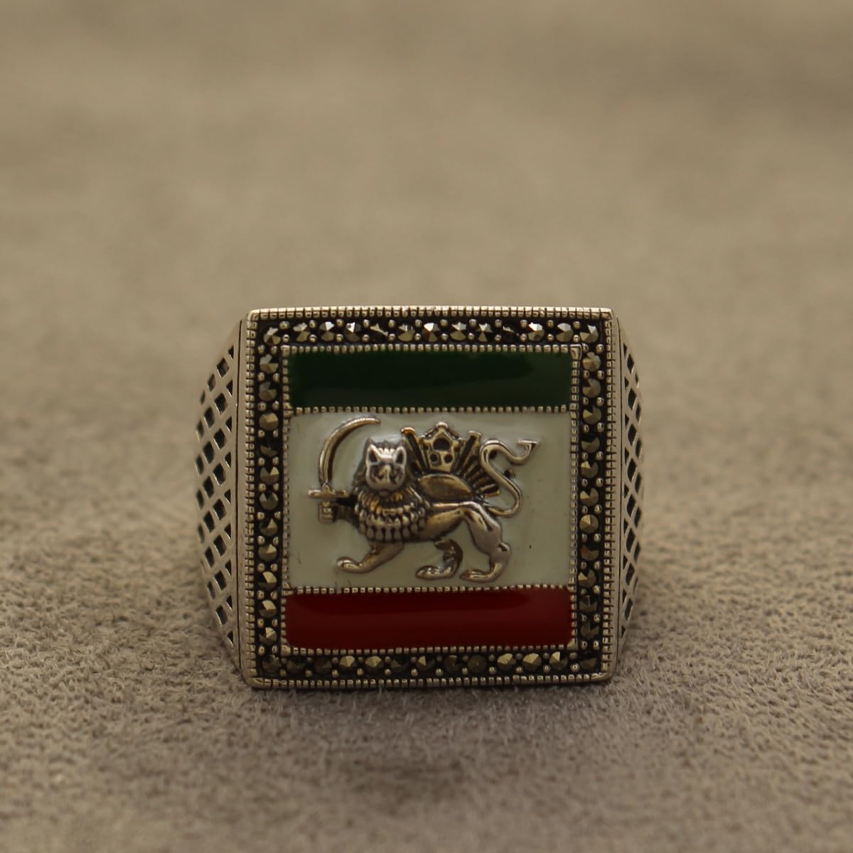Sterling Silver Pahlavi Shir Khorshid Lion and Son Pahlavi Flag Ring Size 11.5