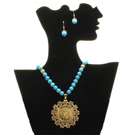 Iranian Turquoise Pahlavi Kingdom Medallion Coin Necklace Earrings