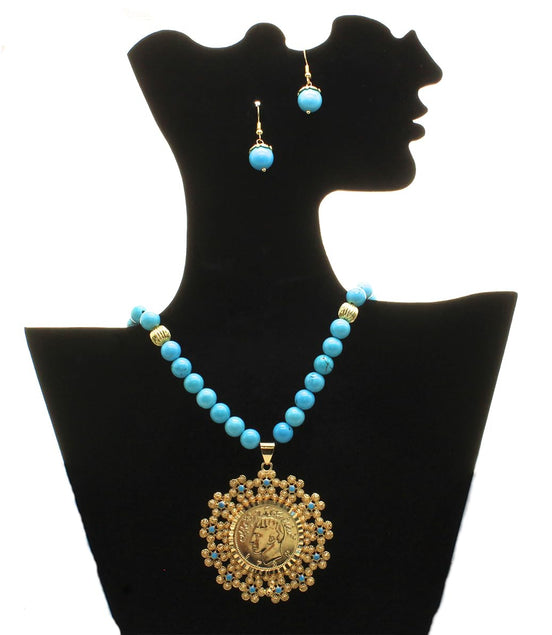 Iranian Turquoise Pahlavi Kingdom Medallion Coin Necklace Earrings