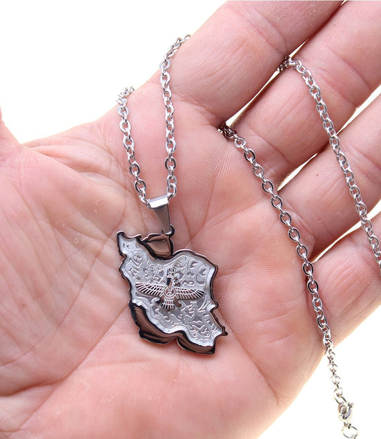 Iranian Persian Map Farvahar Necklace Chain Iran Map Necklace