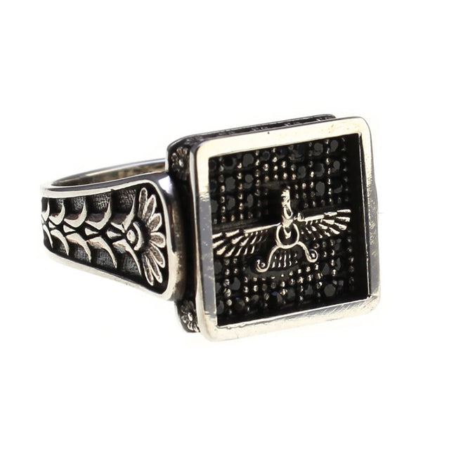 Sterling Silver Farvahar Faravahar Persian Zoroastrian Onyx Ring Size 10