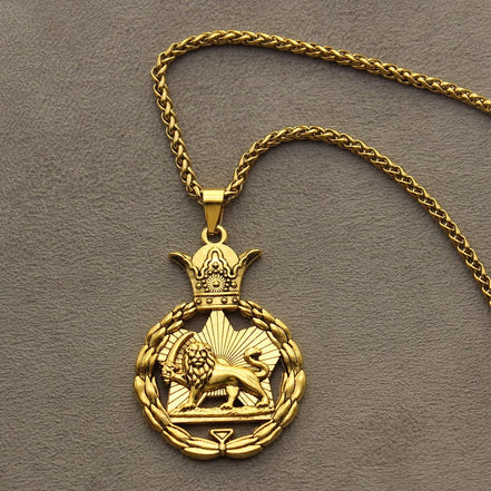 Iranian Persian Pahlavi Lion Sun Shir Khorshid Crown Necklace