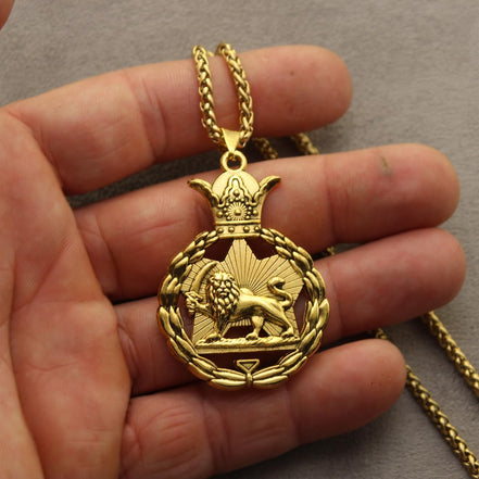 Iranian Persian Pahlavi Lion Sun Shir Khorshid Crown Necklace