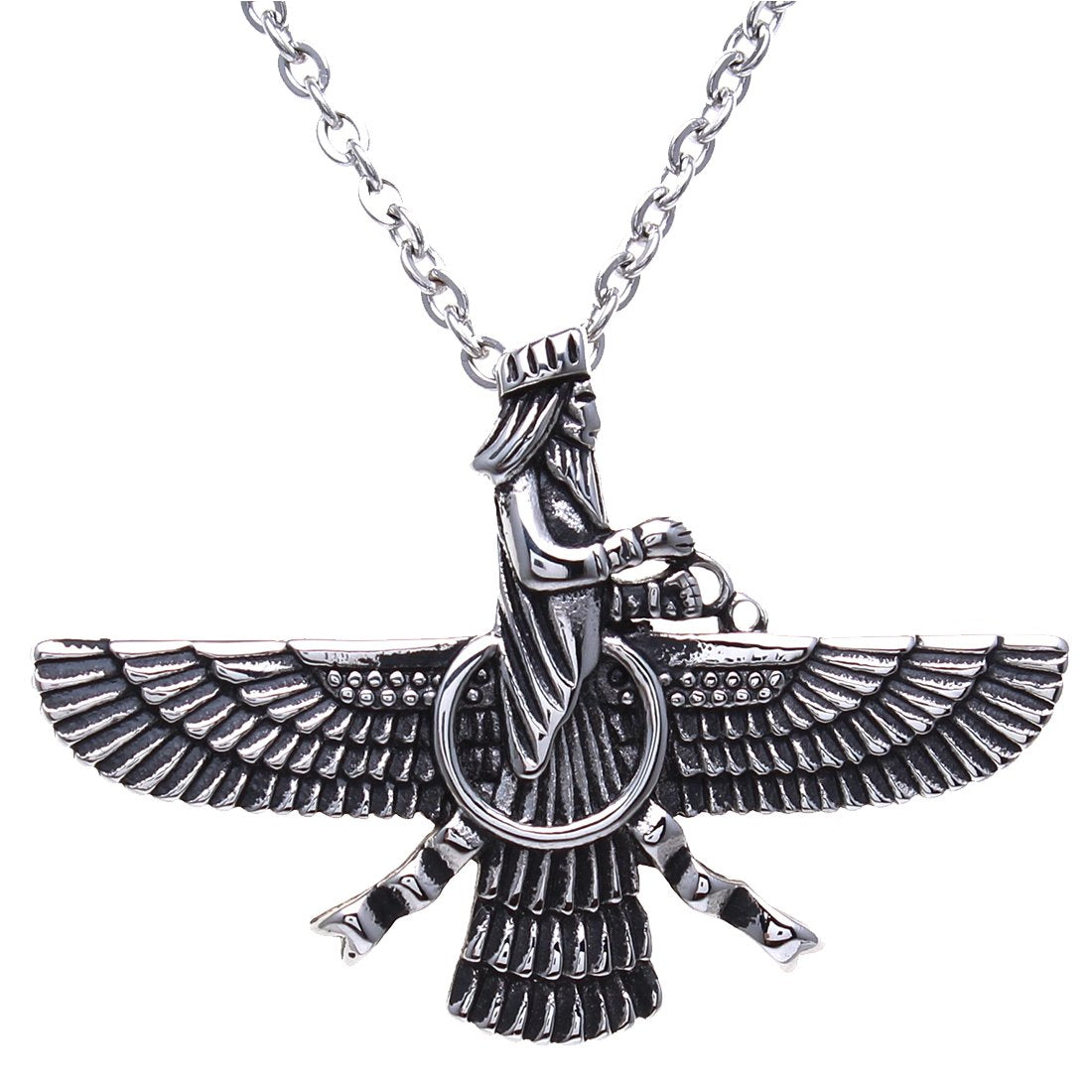 Iranian Large Silver Pt Stainless Steel Farvahar Necklace Faravahar Persian Necklace