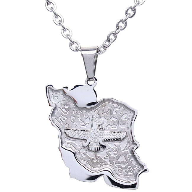Iranian Persian Map Farvahar Necklace Chain Iran Map Necklace