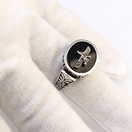 Handcrafted Sterling Silver Farvahar Faravahar Onyx Persian Zoroastrian Ring Size 8.5