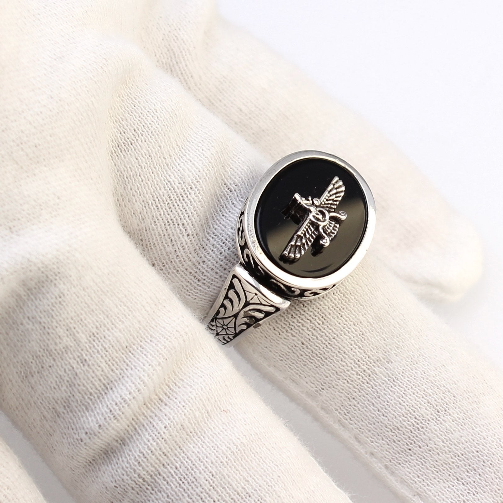 Handcrafted Sterling Silver Farvahar Faravahar Onyx Persian Zoroastrian Ring Size 8.5