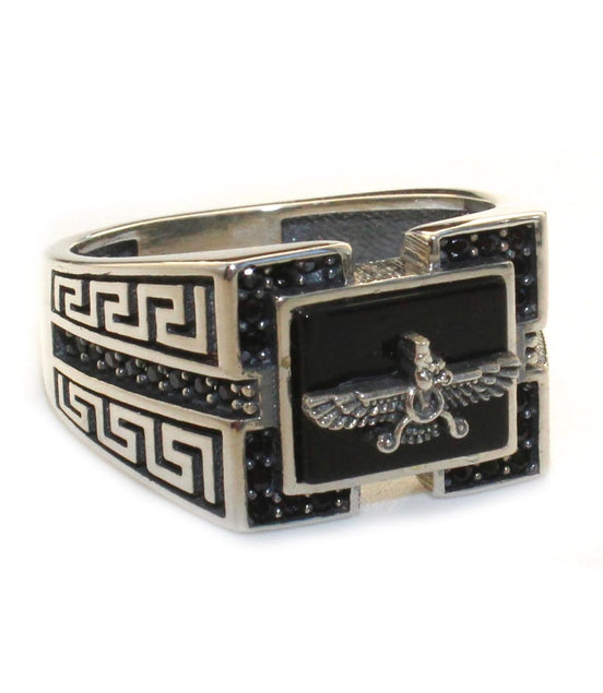 Sterling Silver Farvahar Faravahar Onyx Persian Zoroastrian Ring Size 10.5